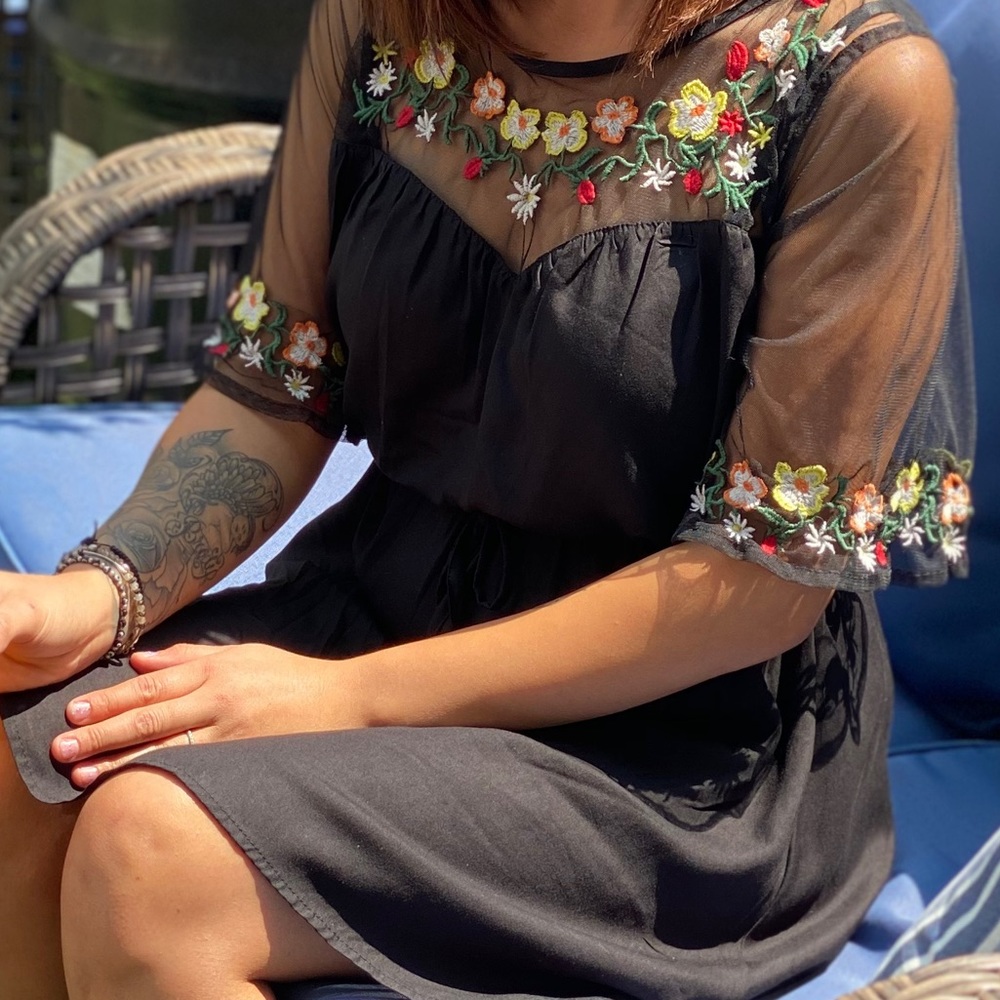 Beautiful black dress with mesh flower top